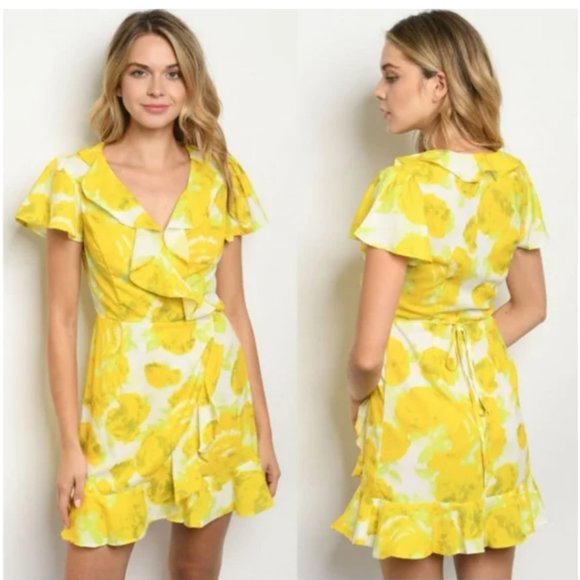 Yellow Floral Mini Wrap Dres - Picture 3 of 4